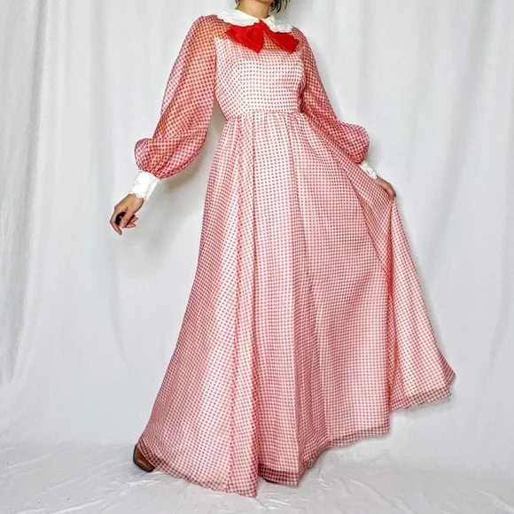 SOLD 70s gingham bishop sleeve gown - Picture 1 of 4